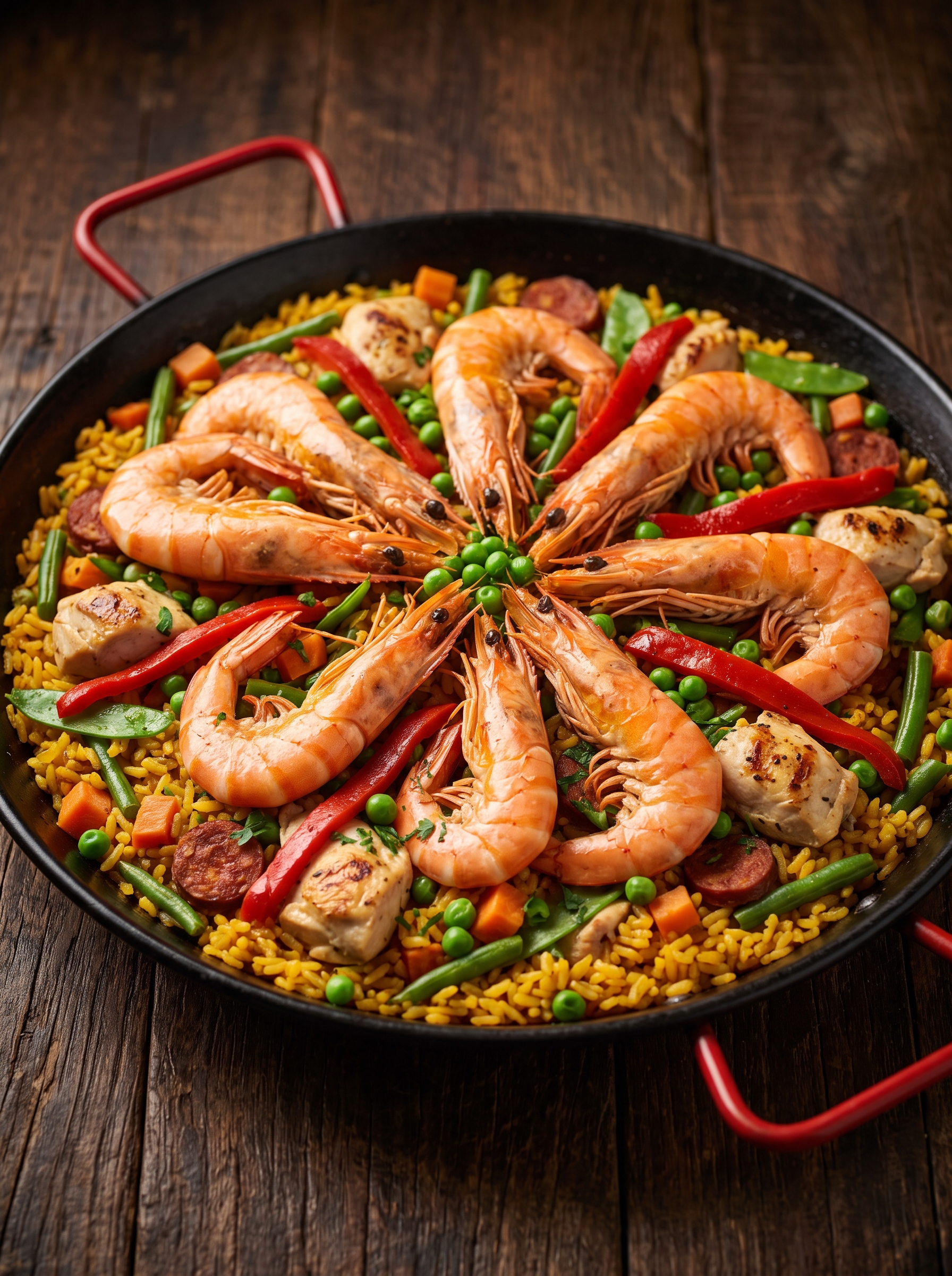 Paella Valenciana Premium con chorizo, pollo, ejote, zanahoria y arveja china, el doble de mariscos y carnes